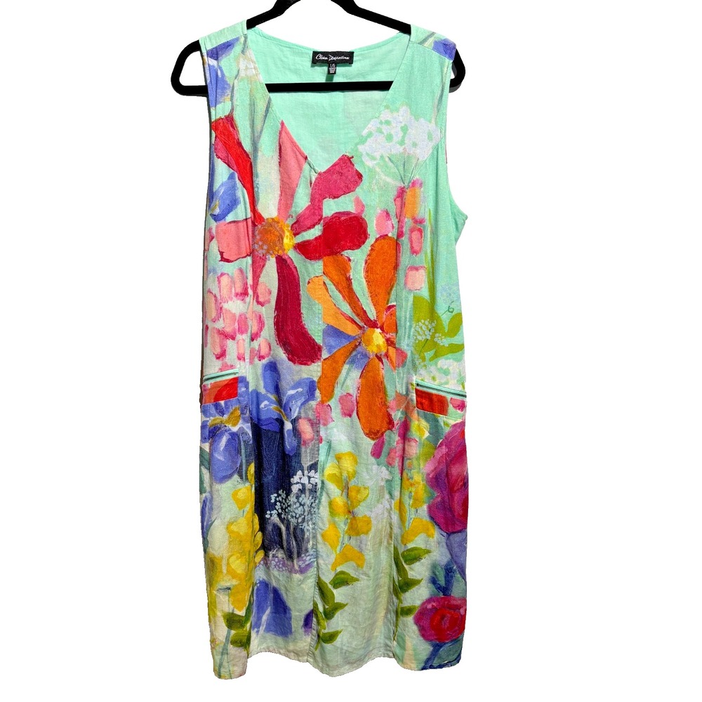 Claire Desjardins Watercolor Flowers Tank Midi Dress Art to Wear AOP V Neck L‎